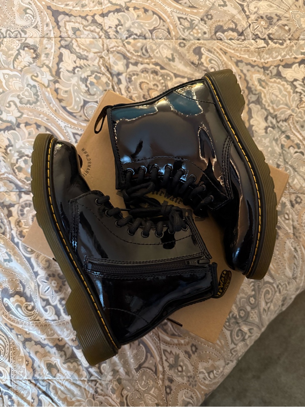 Dr. Martens girls Kids Black Patent Boots with Yellow Stitching